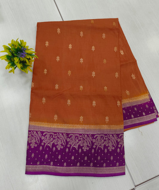 Rustie orangeMango silk designer saree with contrast border and pallu and blouse