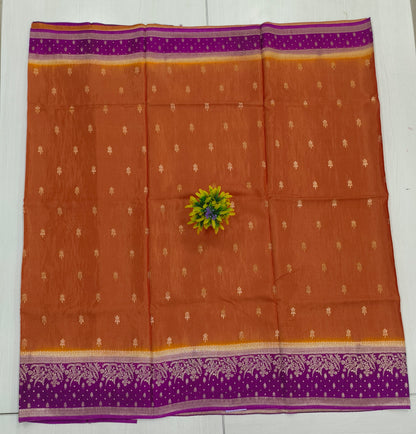 Rustie orangeMango silk designer saree with contrast border and pallu and blouse