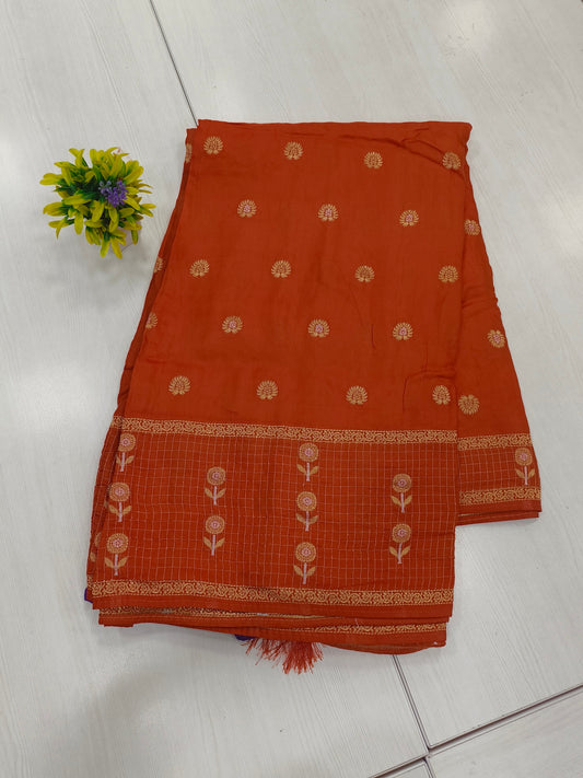 Orange mango silk designer saree with contrast butta blouse with border