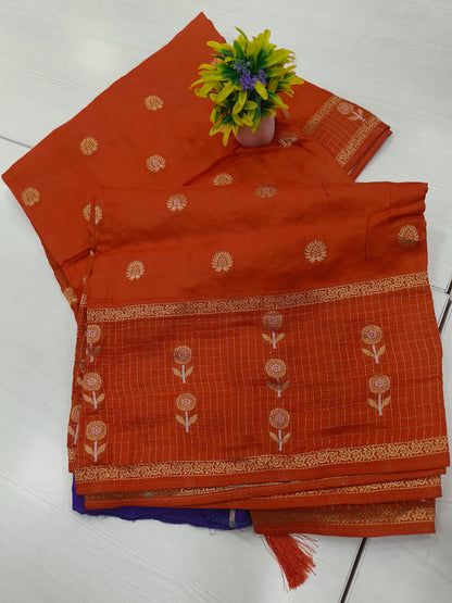 Orange mango silk designer saree with contrast butta blouse with border