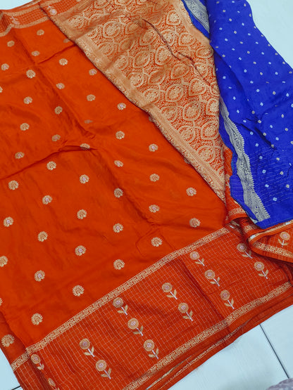 Orange mango silk designer saree with contrast butta blouse with border