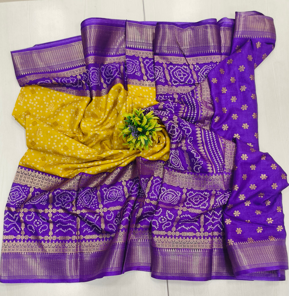 Yellow & Purple Semi Dola Silk Bandhini Saree With Foil Print Border