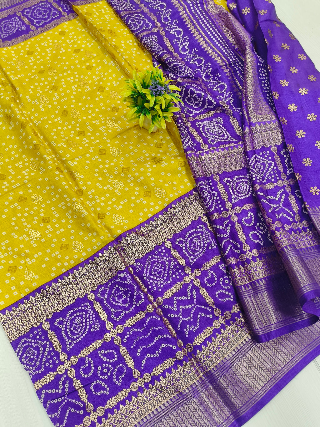 Yellow & Purple Semi Dola Silk Bandhini Saree With Foil Print Border