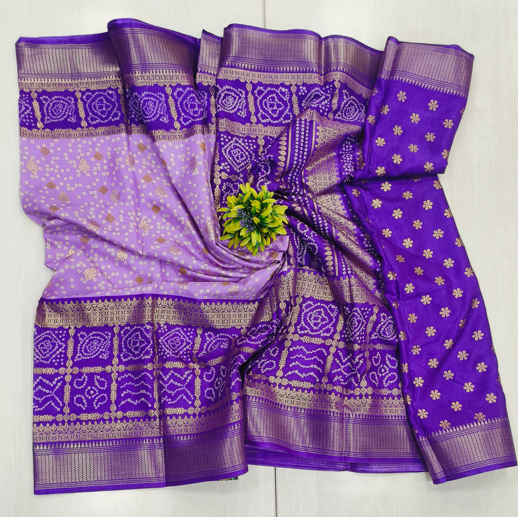 Lavender Purple Semi Dola Silk Bandhini Saree With Foil Print Border