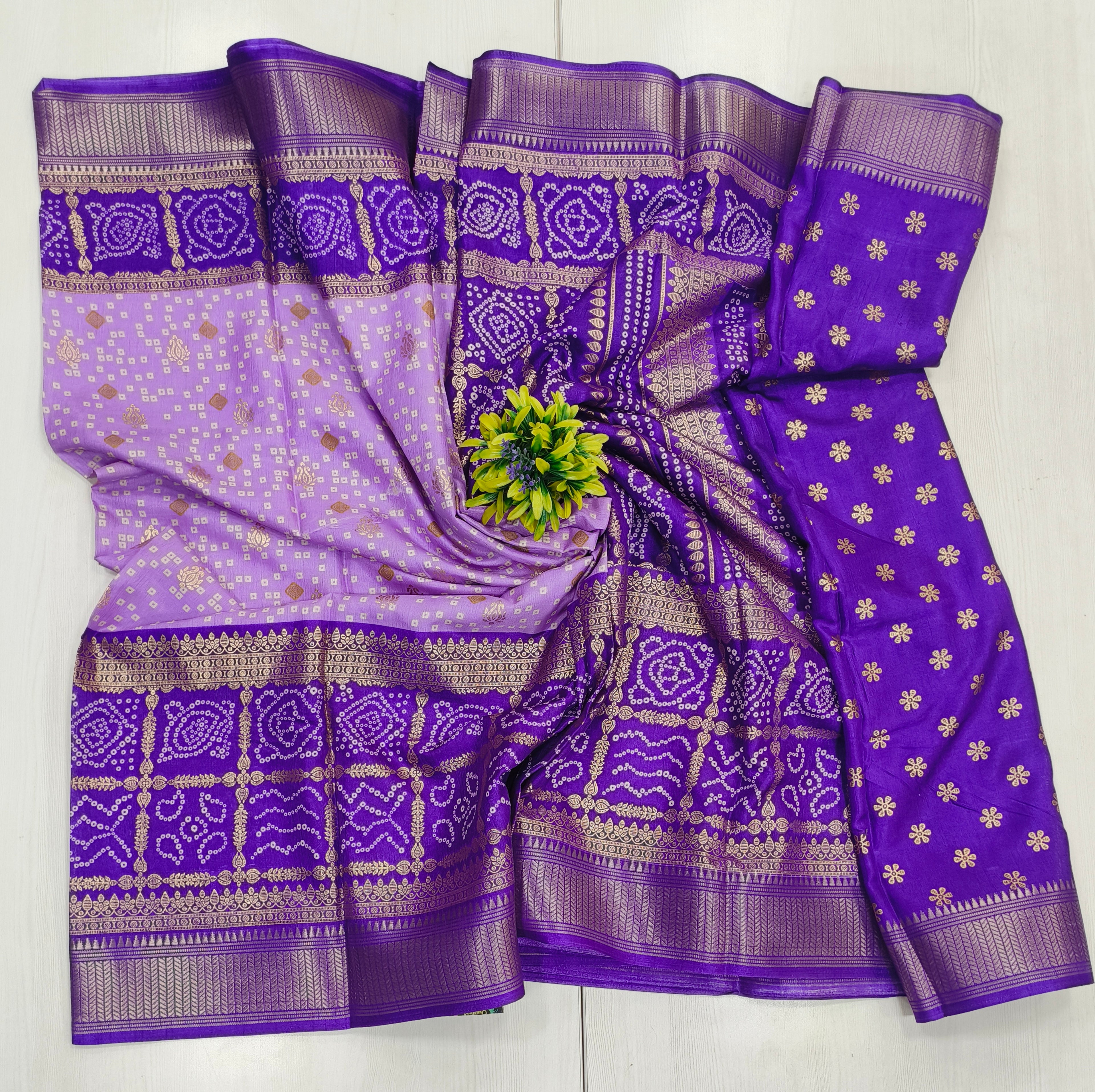 Lavender Purple Semi Dola Silk Bandhini Saree With Foil Print Border