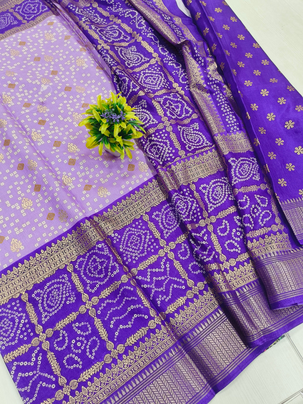 Lavender Purple Semi Dola Silk Bandhini Saree With Foil Print Border