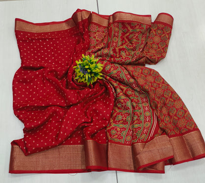 Premium Georgette bandhini saree with weaving border patola printed pallu and blouse