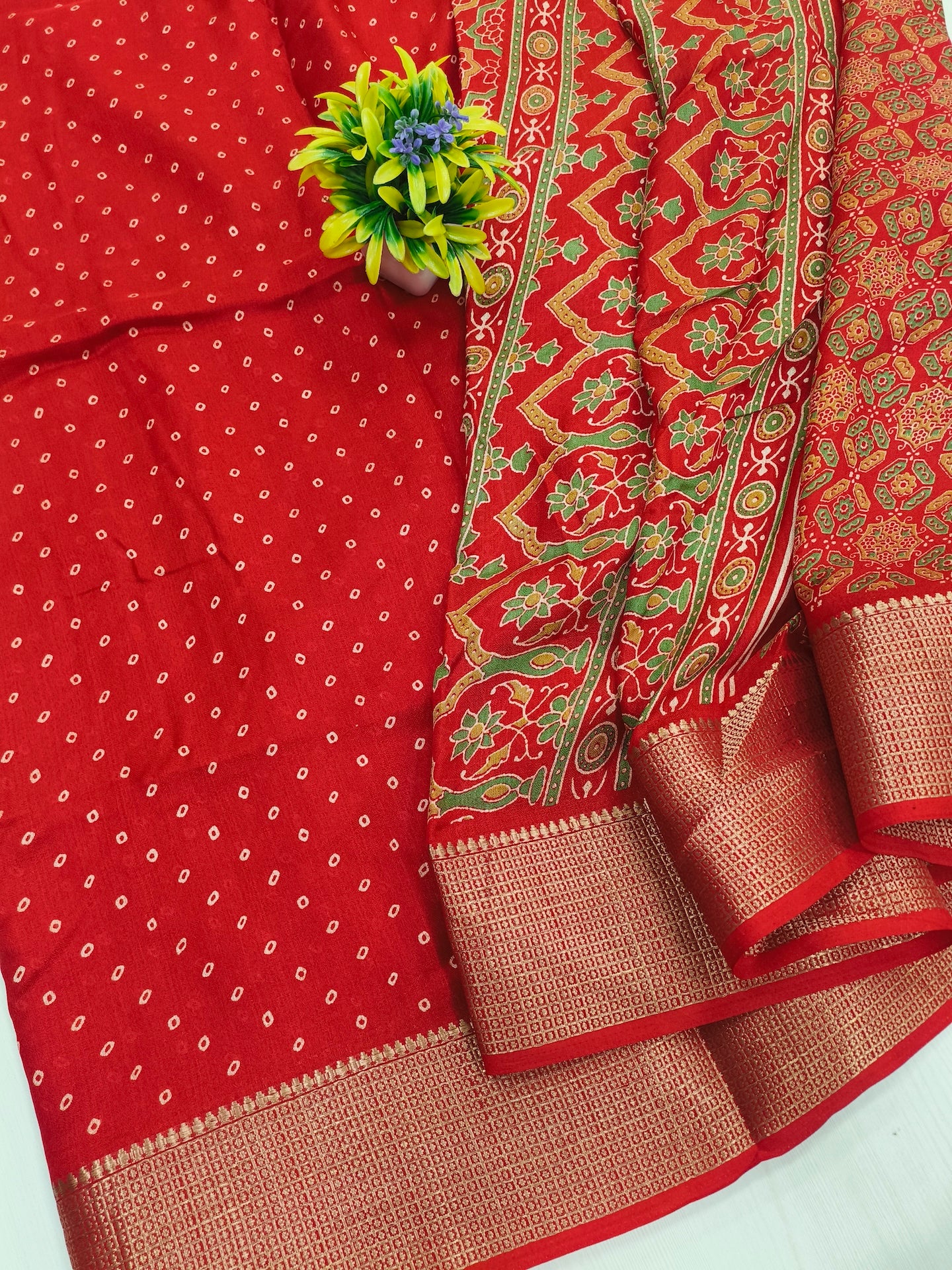 Premium Georgette bandhini saree with weaving border patola printed pallu and blouse