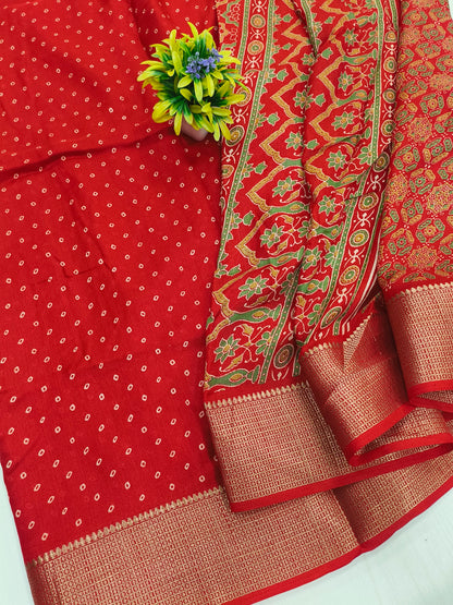 Premium Georgette bandhini saree with weaving border patola printed pallu and blouse