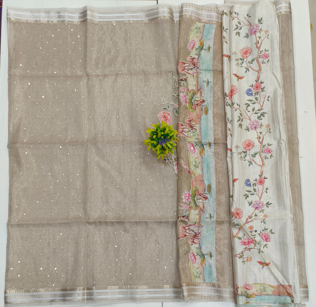 Golden Tissue Kota Saree With All Over Mirror Work Rich Pallu With Applique Work Pallu And Printed Blouse With Border