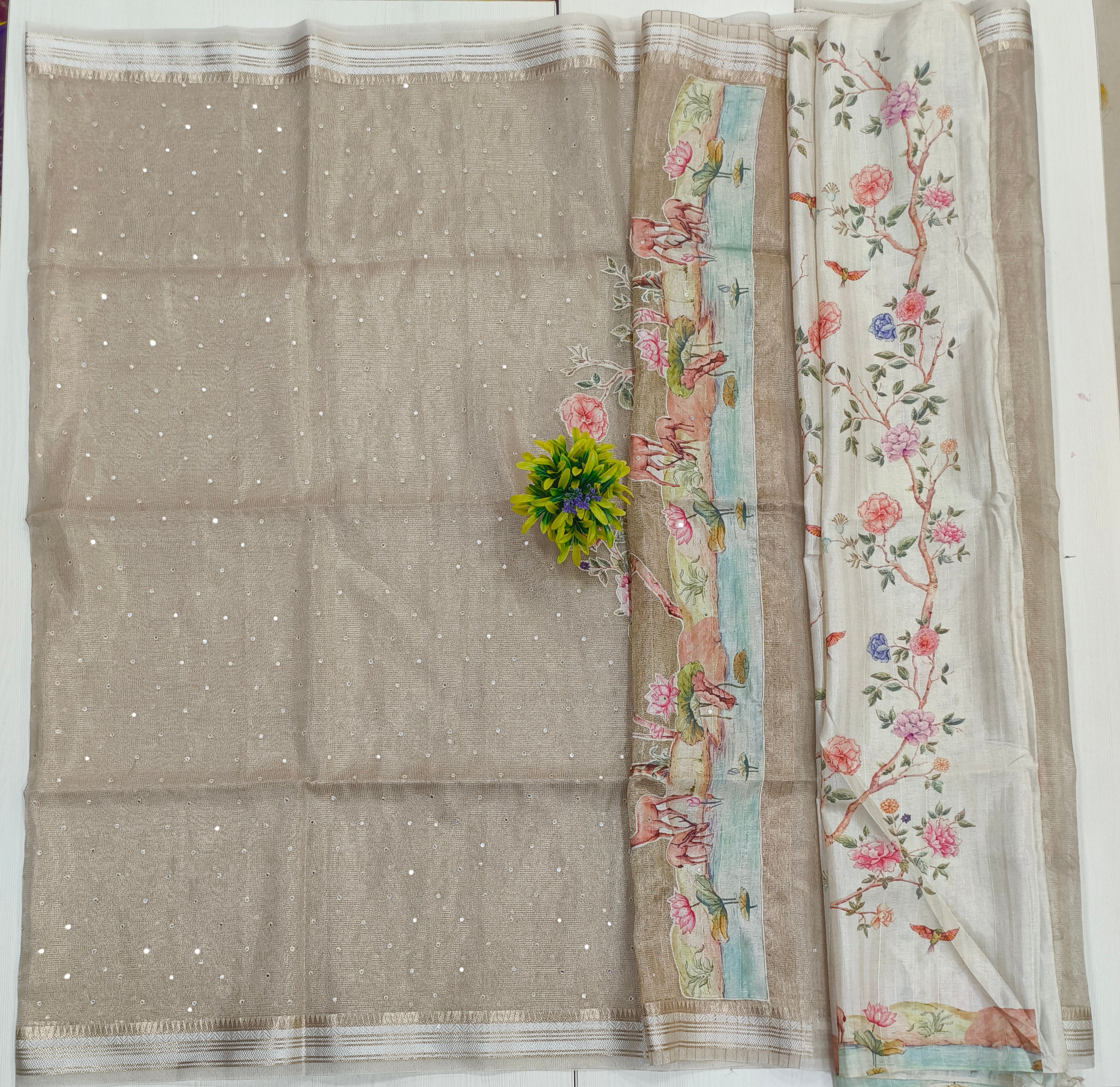 Golden Tissue Kota Saree With All Over Mirror Work Rich Pallu With Applique Work Pallu And Printed Blouse With Border