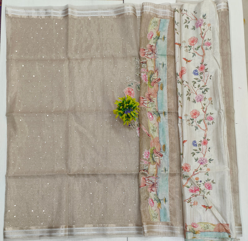 Golden Tissue Kota Saree With All Over Mirror Work Rich Pallu With Applique Work Pallu And Printed Blouse With Border