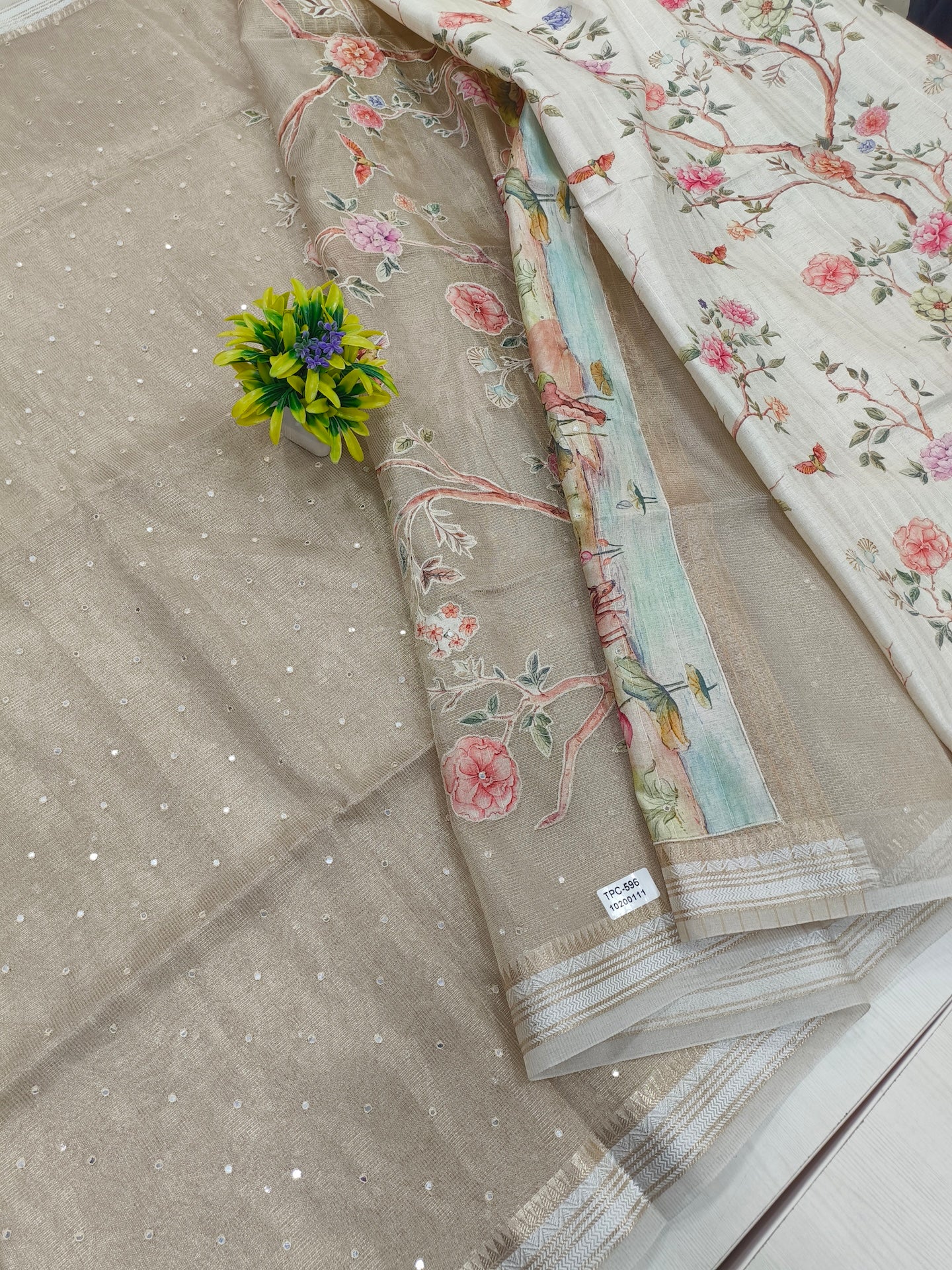 Golden Tissue Kota Saree With All Over Mirror Work Rich Pallu With Applique Work Pallu And Printed Blouse With Border