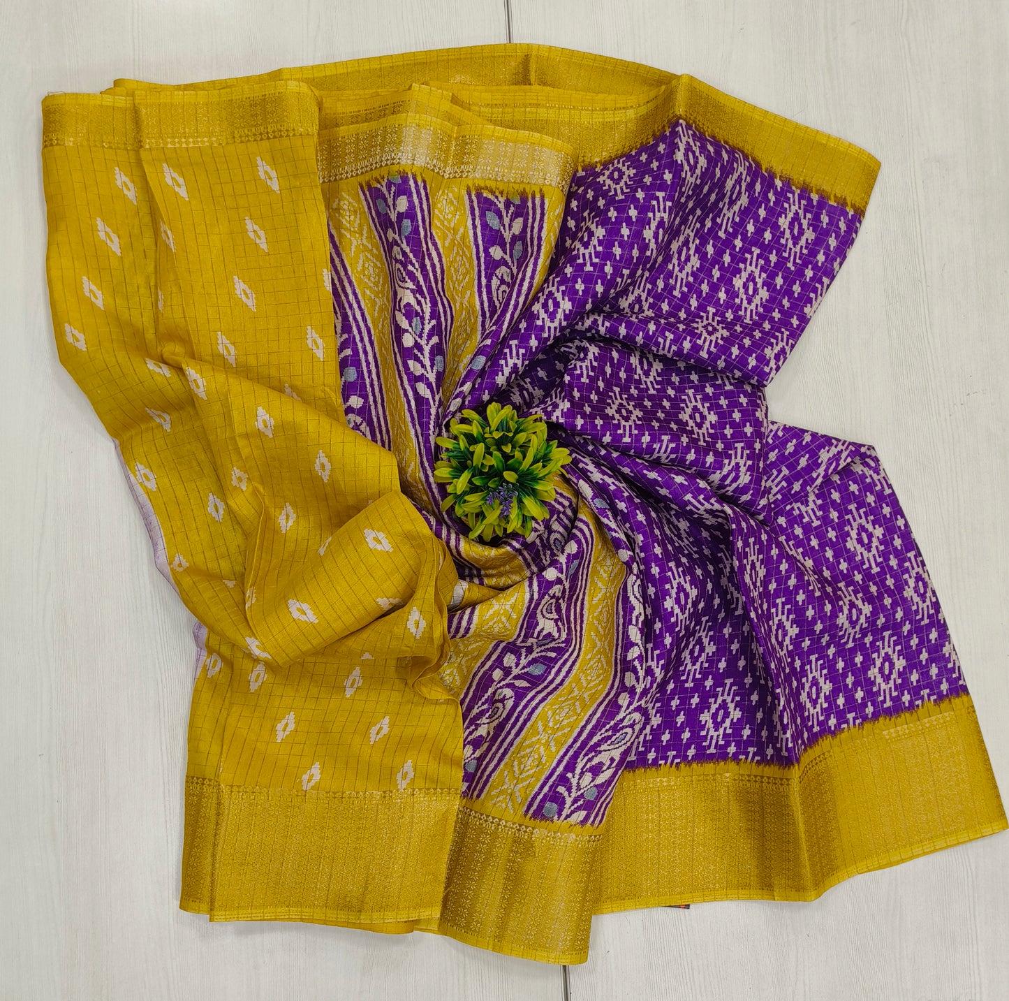 Fancy saree Semi dola saree in purple color with patola print contrast yellow weaving border printed pallu contrast blouse with border