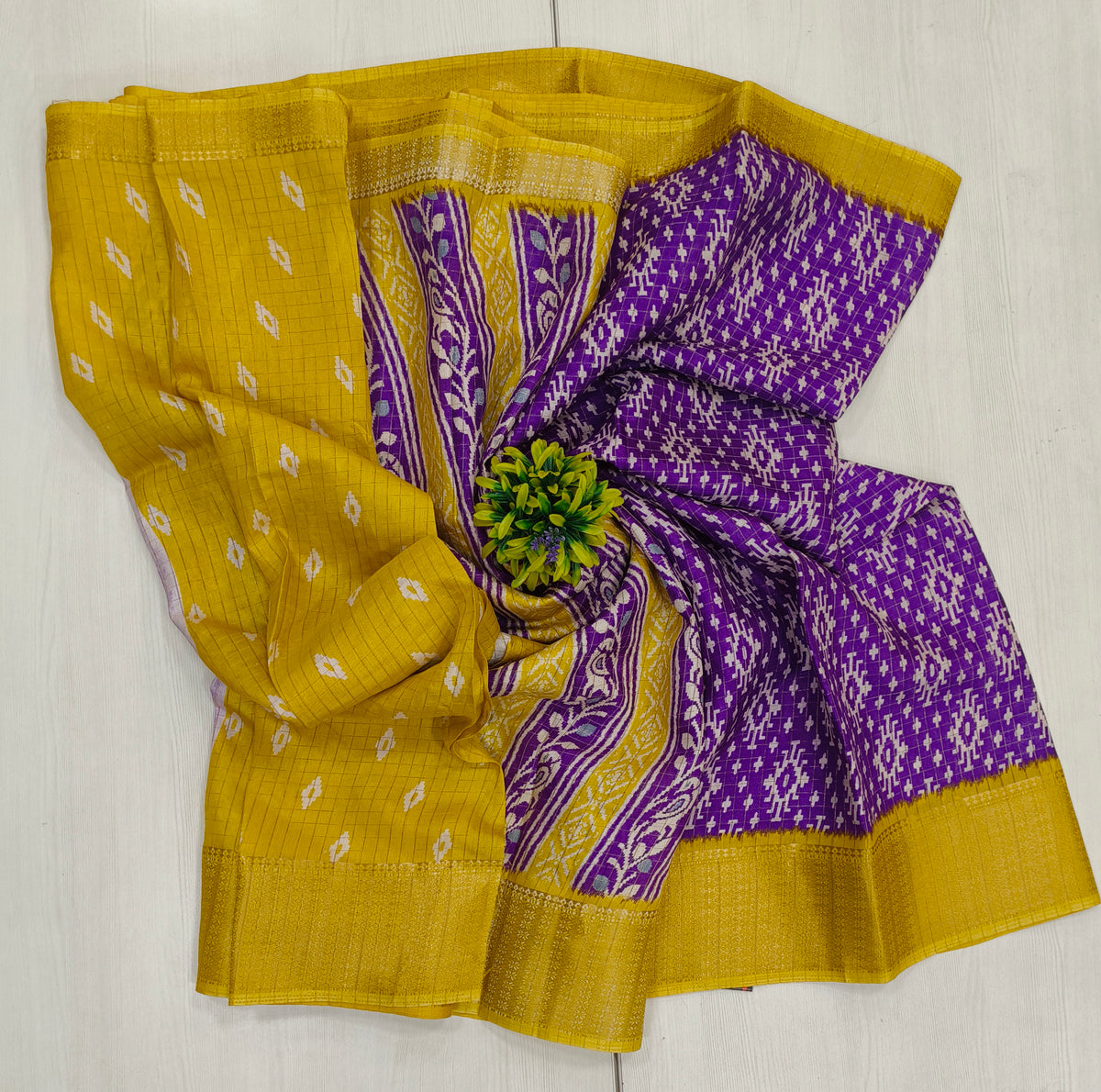Fancy Saree Semi Dola Saree In Purple Color With Patola Print Contrast Yellow Weaving Border Printed Pallu Contrast Blouse With Border