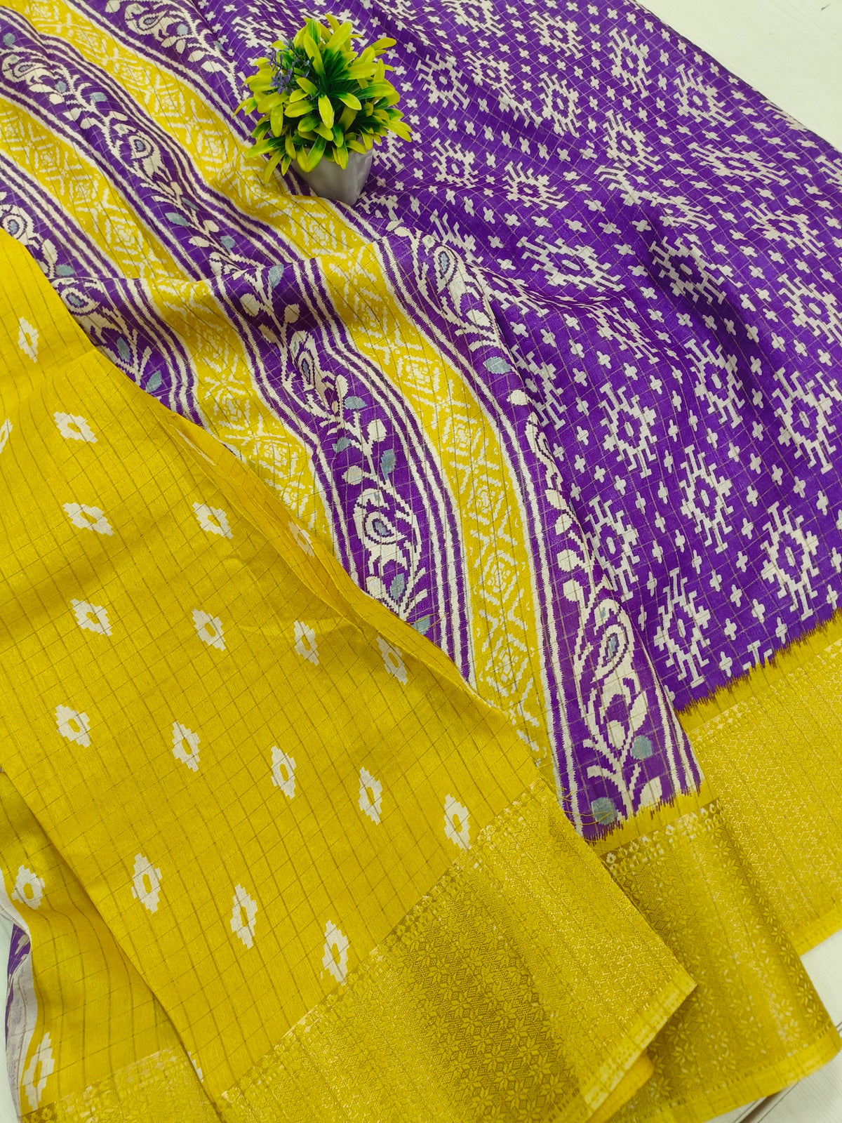 Fancy Saree Semi Dola Saree In Purple Color With Patola Print Contrast Yellow Weaving Border Printed Pallu Contrast Blouse With Border