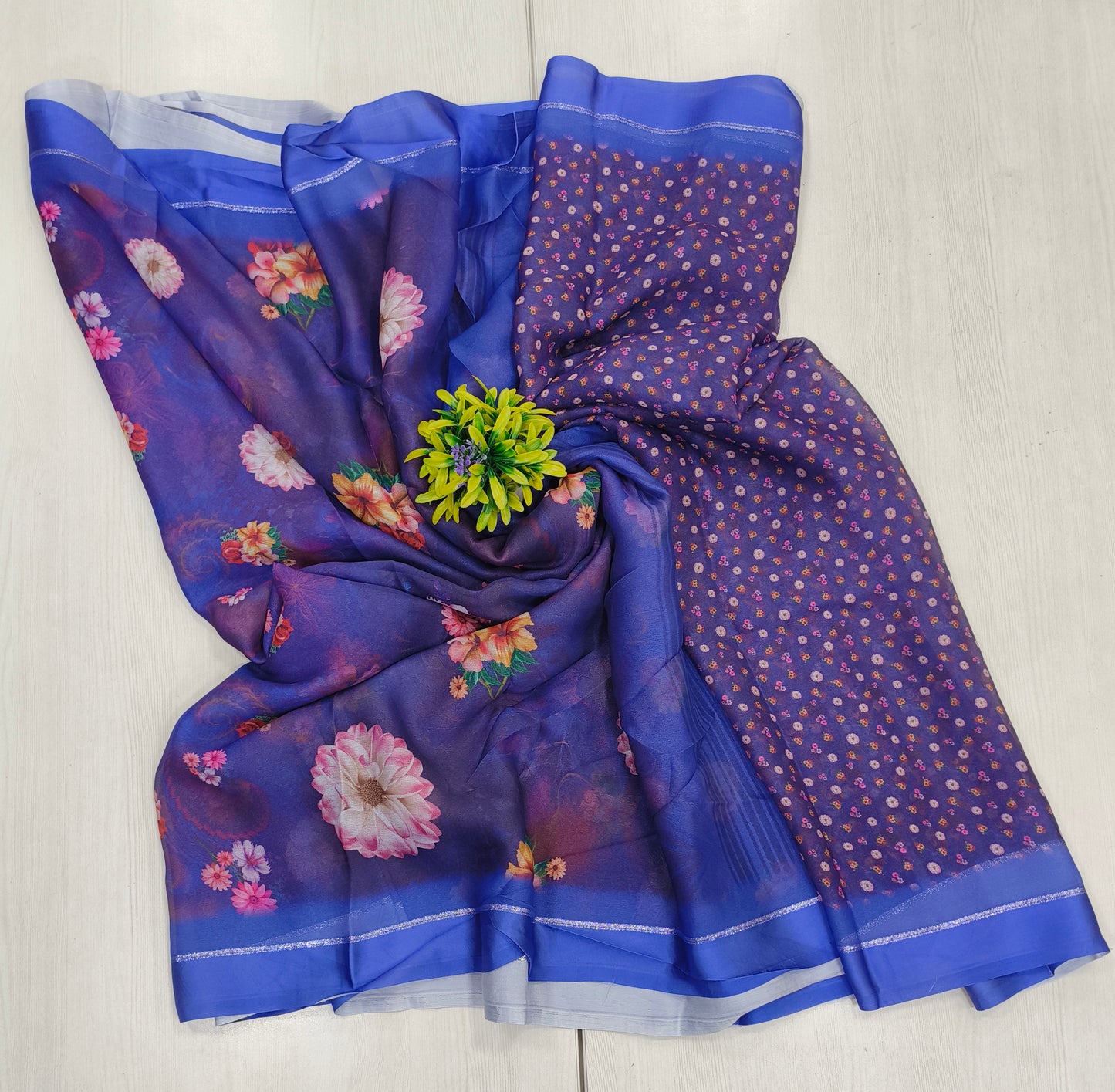 Jorgette silk Premium Georgette in purple color with Floral print striped pallu Self colour printed blouse