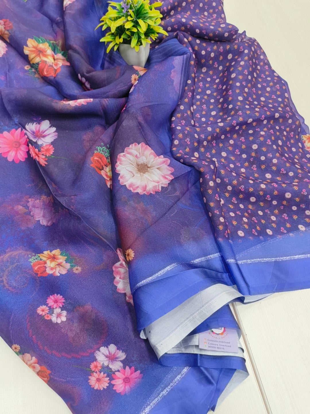 Jorgette silk Premium Georgette in purple color with Floral print striped pallu Self colour printed blouse