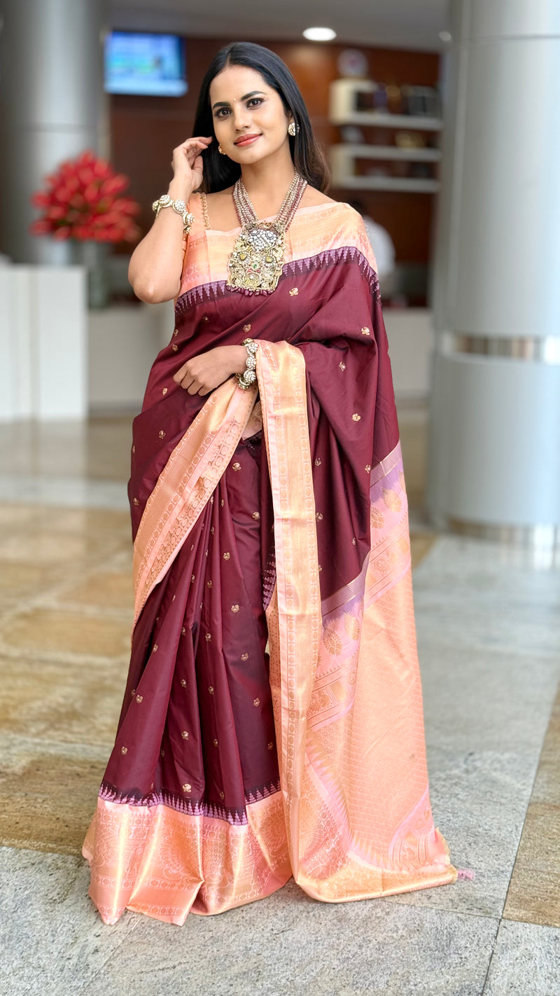 Semi Gadwal Brown & Peach Saree With Rich Contrast Pallu And Blouse