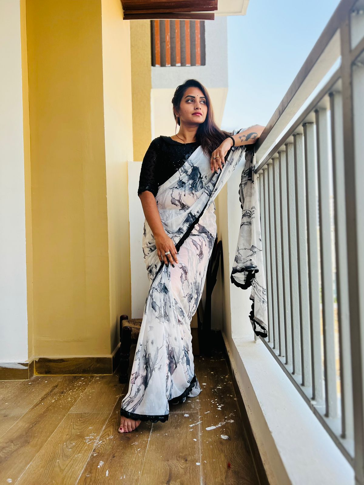 Elegant Red, White & Black Georgette Saree with Blouse