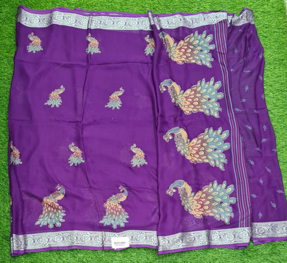 Peacock Charm Printed Purple Georgette Saree