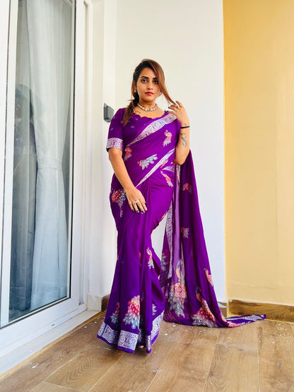 Peacock Charm Printed Purple Georgette Saree