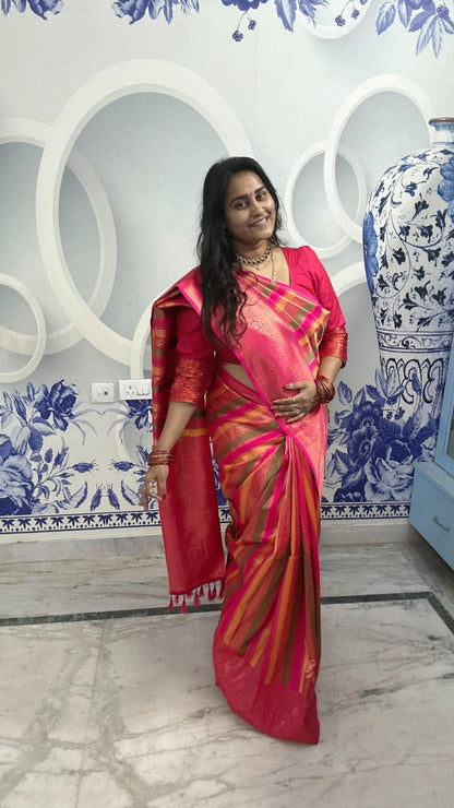 Pink Banarasi Fancy Saree with Multicolor Woven Pallu