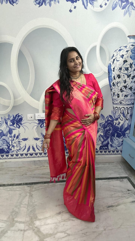 Pink Banarasi Fancy Saree with Multicolor Woven Pallu