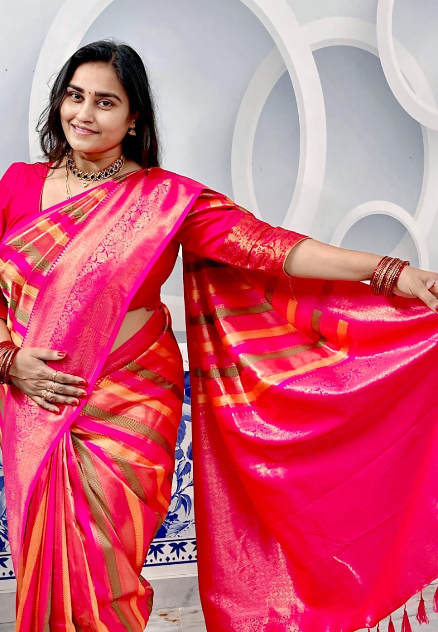 Pink Banarasi Fancy Saree With Multicolor Woven Pallu
