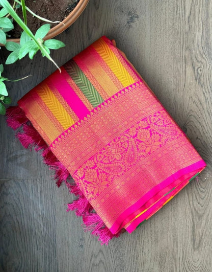 Pink Banarasi Fancy Saree with Multicolor Woven Pallu