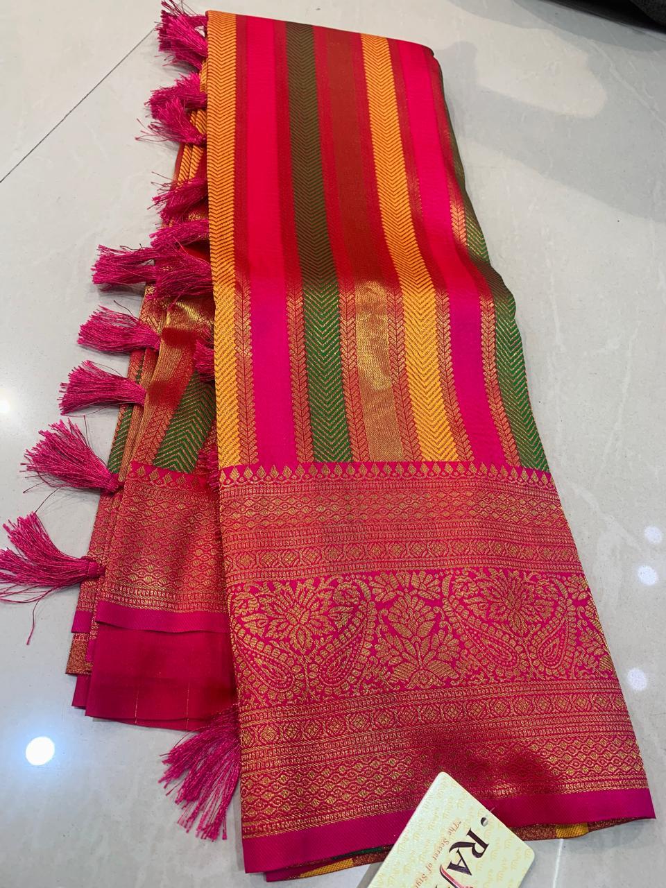 Pink Banarasi Fancy Saree With Multicolor Woven Pallu
