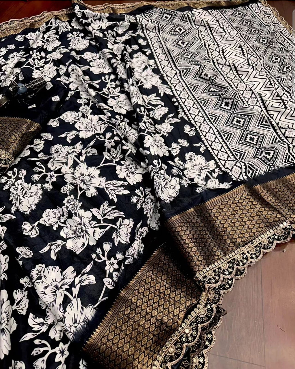 Trending  White And Black Saree With Attached Lace Saree And Blouse
