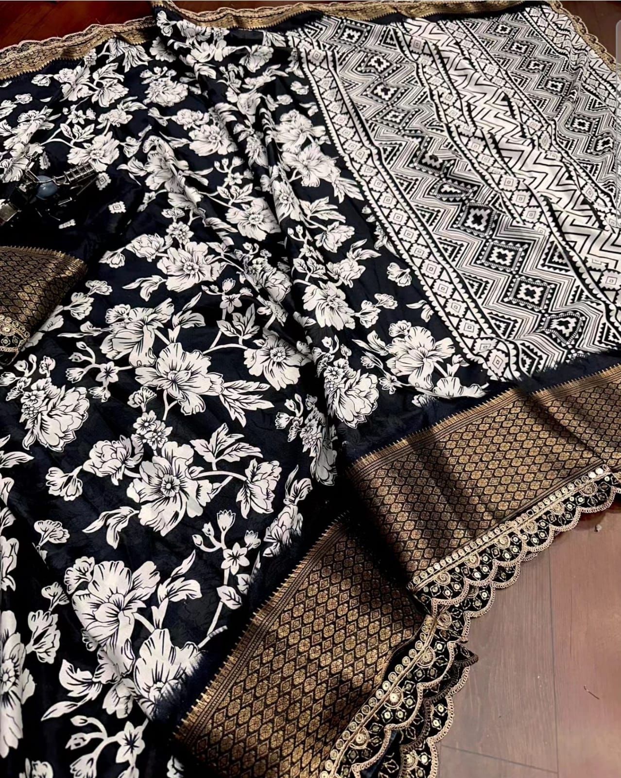 Trending  white and black saree with attached lace saree and blouse