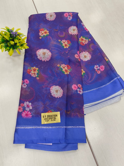 Jorgette silk Premium Georgette in purple color with Floral print striped pallu Self colour printed blouse