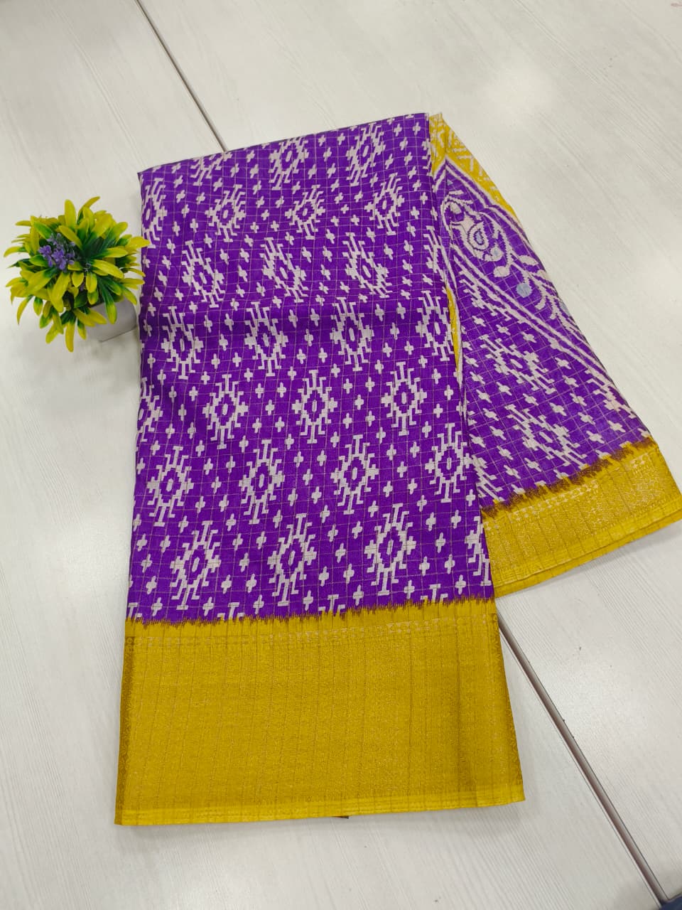Fancy Saree Semi Dola Saree In Purple Color With Patola Print Contrast Yellow Weaving Border Printed Pallu Contrast Blouse With Border