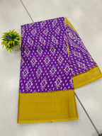 Fancy Saree Semi Dola Saree In Purple Color With Patola Print Contrast Yellow Weaving Border Printed Pallu Contrast Blouse With Border
