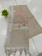 Golden Tissue Kota Saree With All Over Mirror Work Rich Pallu With Applique Work Pallu And Printed Blouse With Border