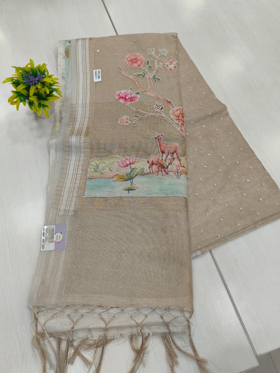 Golden Tissue Kota Saree With All Over Mirror Work Rich Pallu With Applique Work Pallu And Printed Blouse With Border