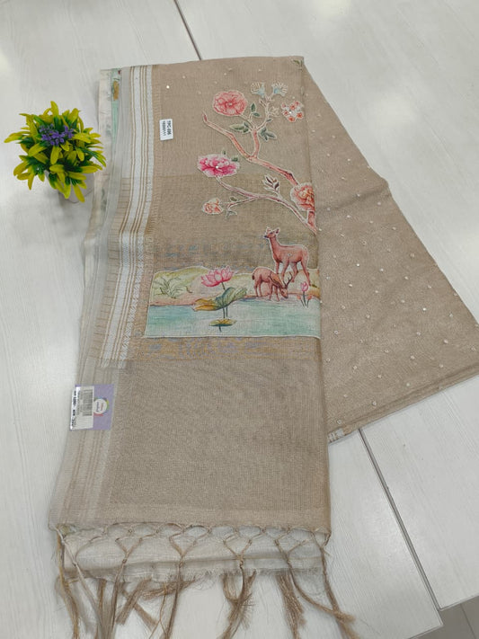 Golden Tissue kota saree  with all over mirror work rich pallu with applique work pallu and printed blouse with border