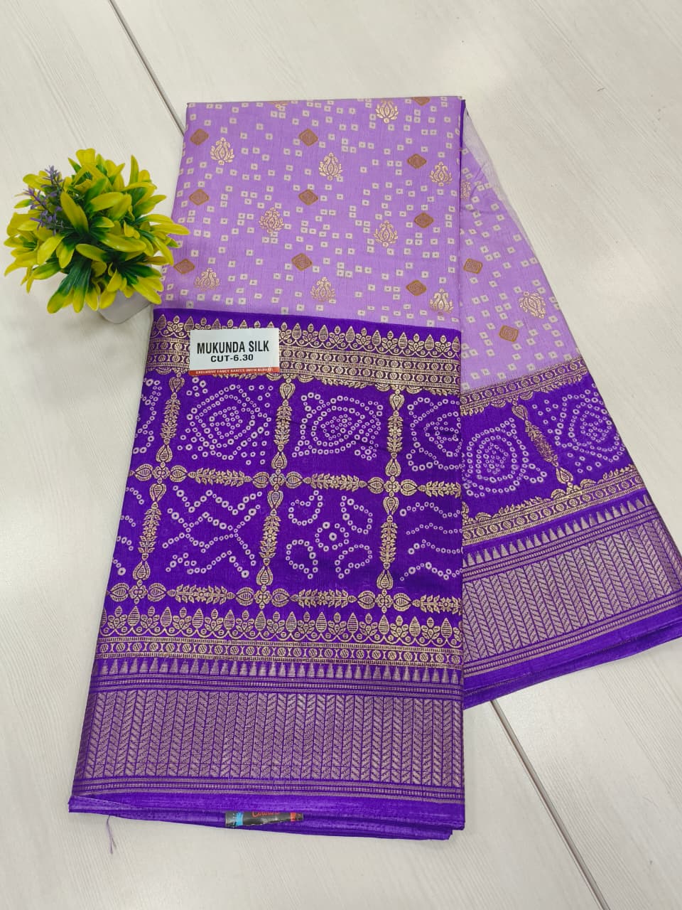 Lavender Purple Semi Dola Silk Bandhini Saree with Foil Print Border
