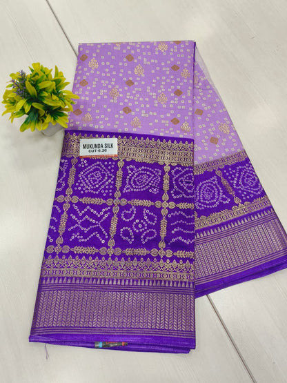 Lavender Purple Semi Dola Silk Bandhini Saree with Foil Print Border