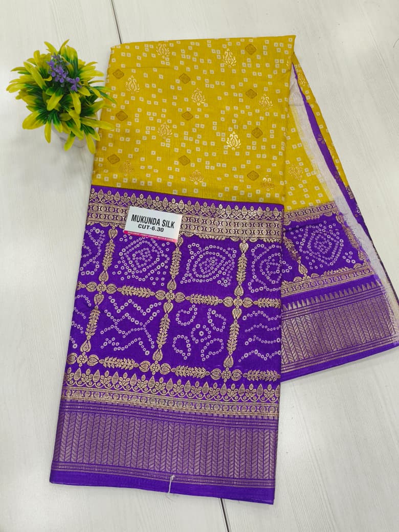 Yellow & Purple Semi Dola Silk Bandhini Saree With Foil Print Border