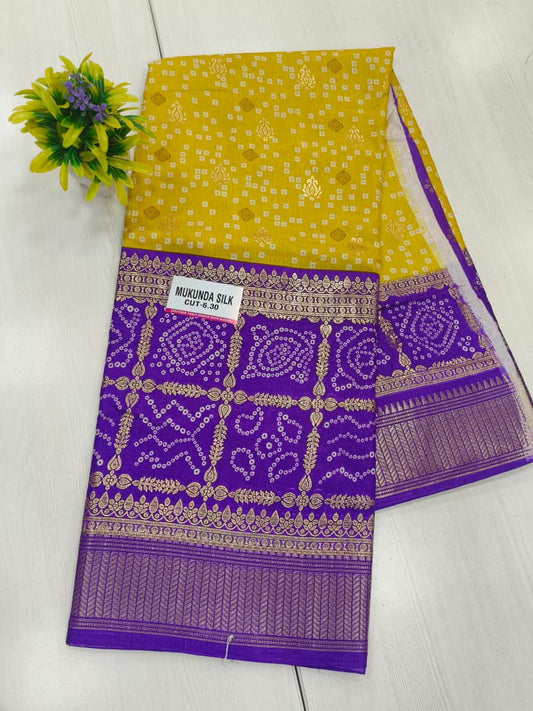 Yellow & Purple Semi Dola Silk Bandhini Saree with Foil Print Border