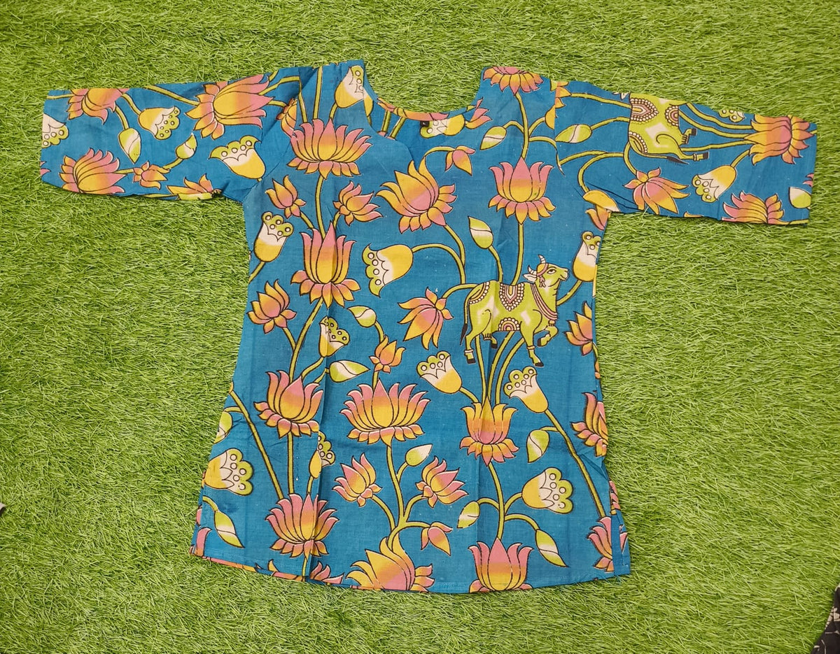 Blue Short Top With Orange Flowers