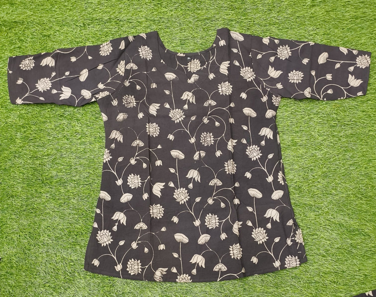 Black Short Top With Cream Flowers