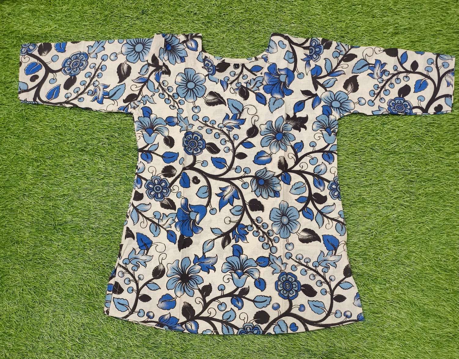 Off White Short Top With Blue Flowers
