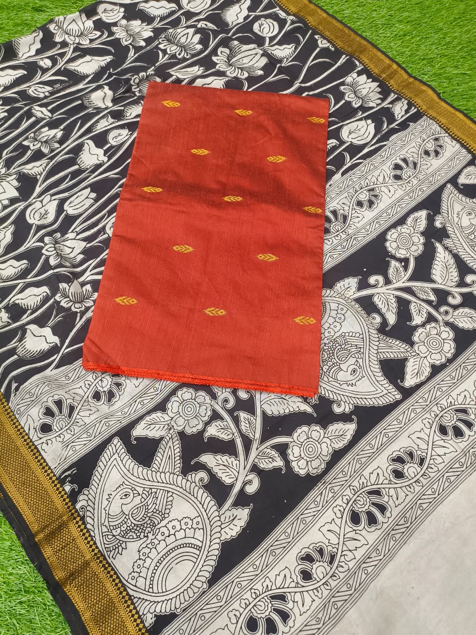Raw Silk Dress Material Top With Kalamkari Dupatta