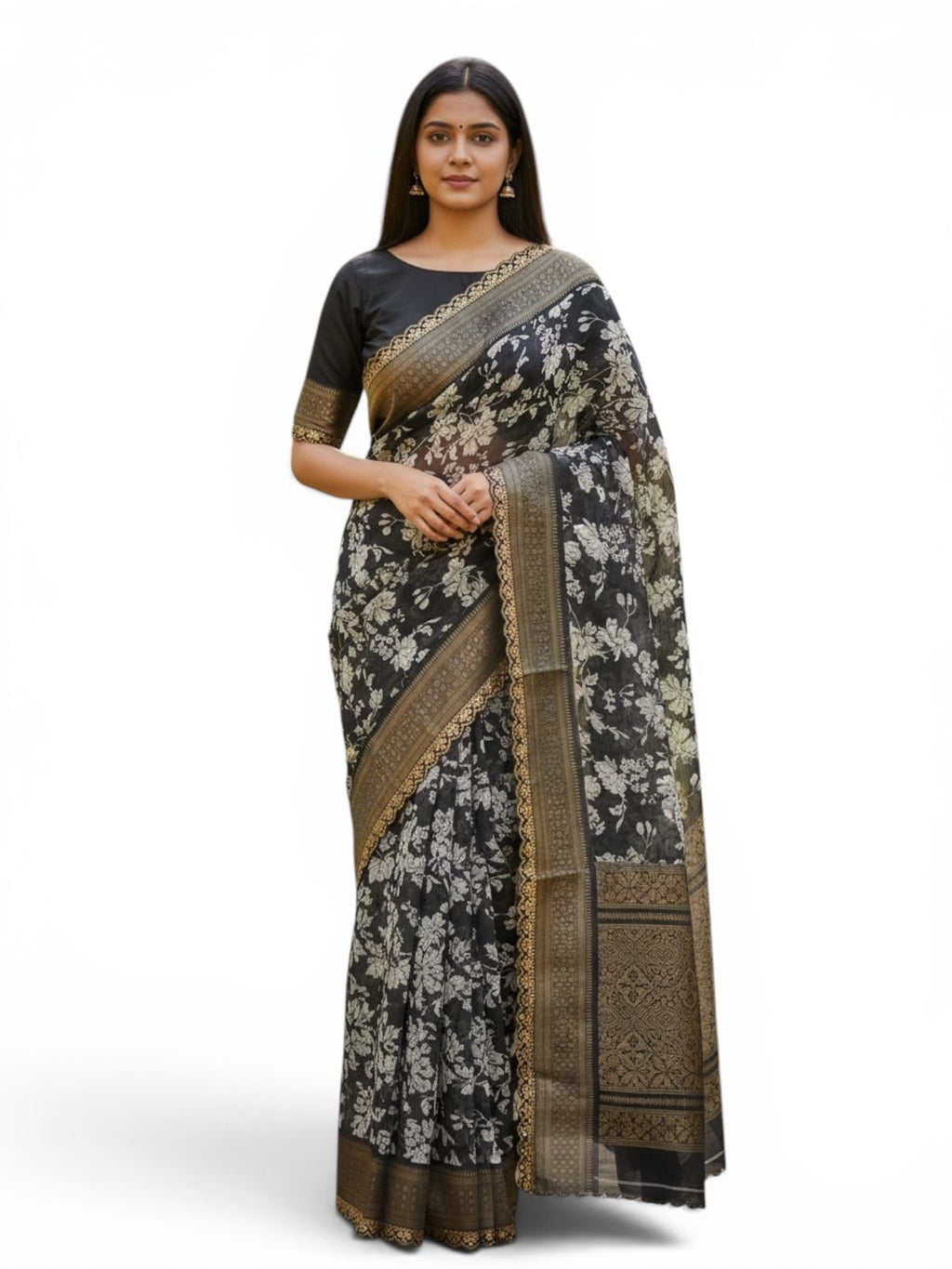 Trending  White And Black Saree With Attached Lace Saree And Blouse