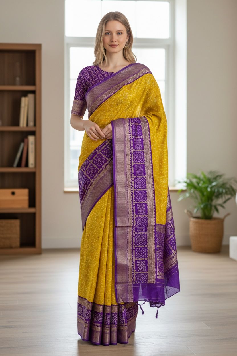 Yellow & Purple Semi Dola Silk Bandhini Saree With Foil Print Border