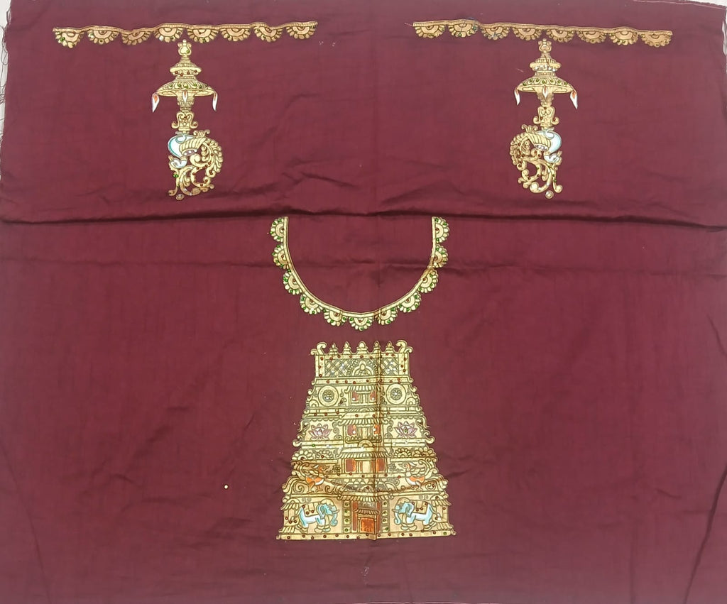 Thanjavur Paint Blouses With Temple Art Work Design